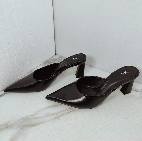 Zara Black Faux Leather Block Kitten Heel Pointed Toe Mules Slides, Sz 10 - Picture 2 of 10